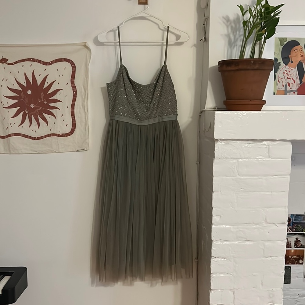 BHLDN Needle & Thread Sage Green Beaded & Ruffled Dress